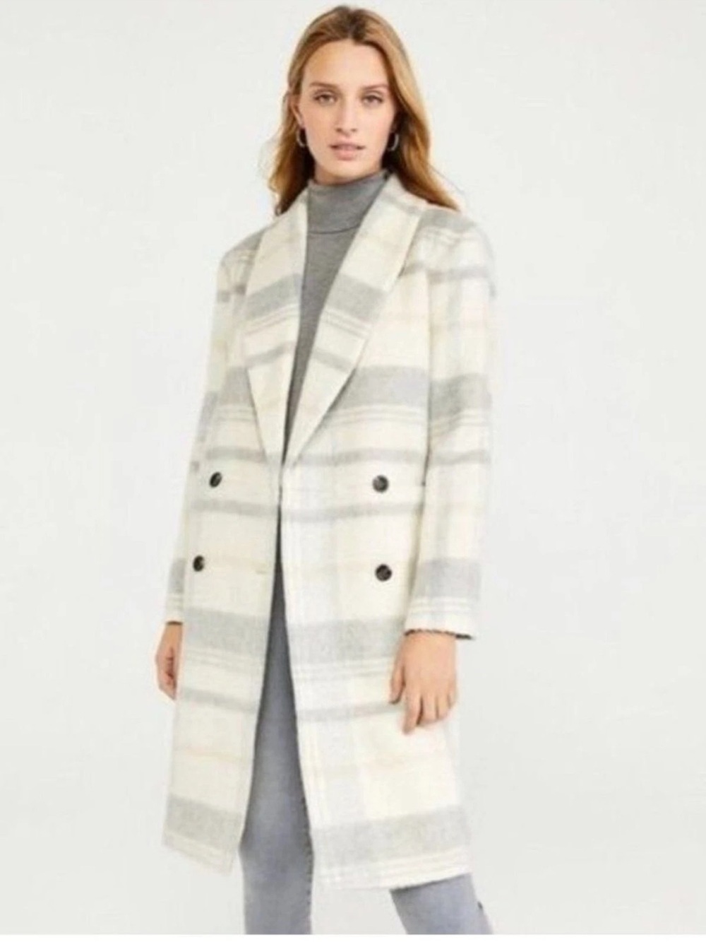 Ann Taylor Plaid Cocoon Double-Breasted Plaid Long Coat Wool Size Lg